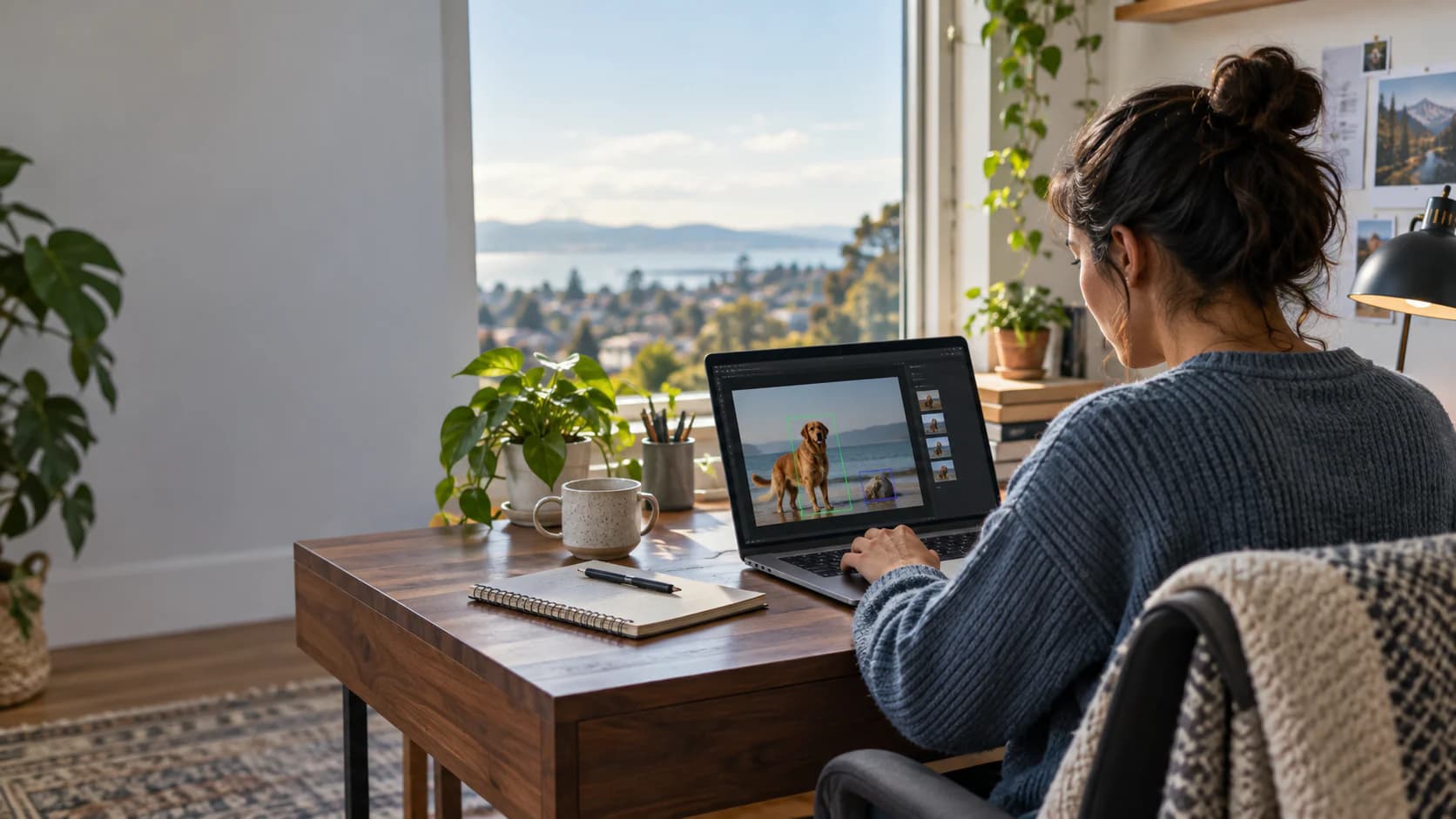 A person at a home desk reviewing an image annotation task on a laptop